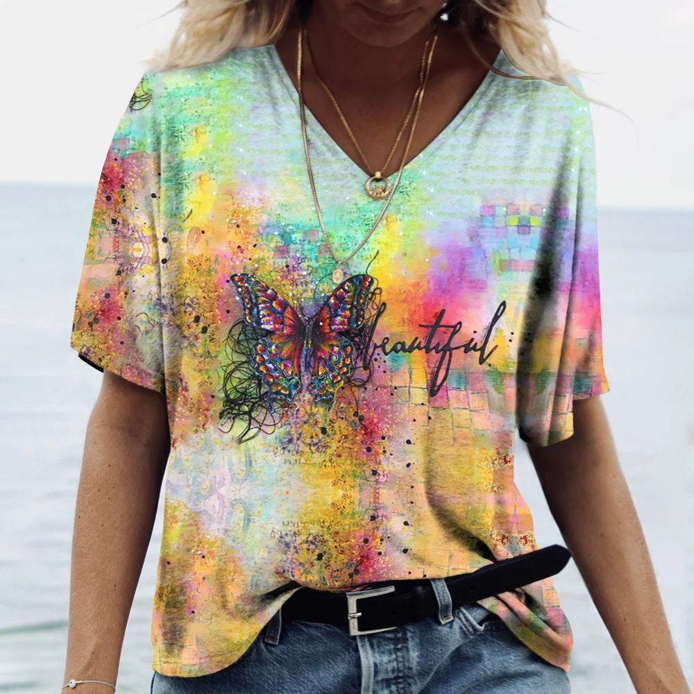 Summer Women's T-Shirt Vintage Casual Fashion V Neck Pullover Short Sleeve Butterfly Print Loose Daily Tops Design Clothing