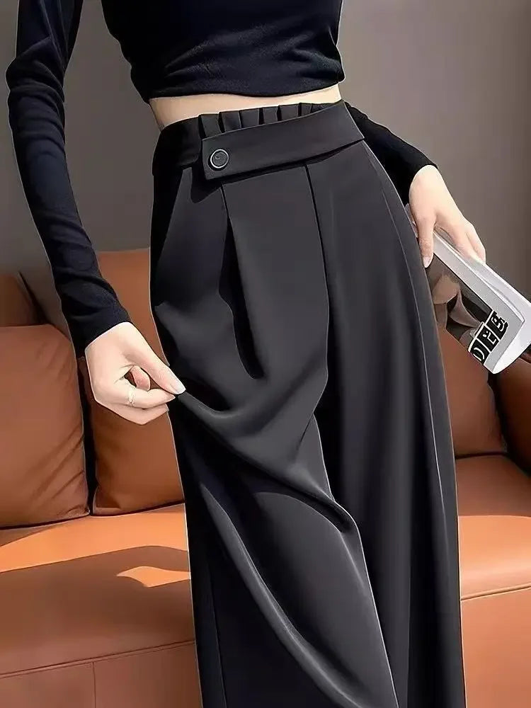 Fashion Elastic Spliced Solid Color Straight Pants Women's Clothing Summer New Loose Office Lady High Waist Casual Pants