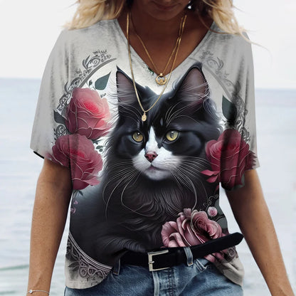 T-shirt Kawaii Cat Print 3D T Shirt Top Girls Y2k Clothing Summer Short Sleeve Tees V-neck Casual Holiday Female T-shirt