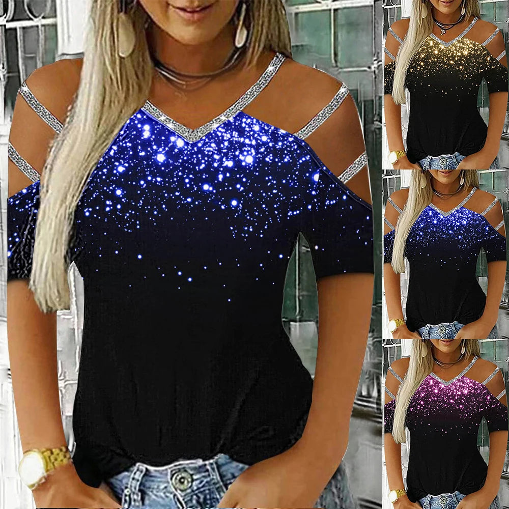 Women Glitter Short Sleeve V Neck T Shirt Ladies Casual Cold Shoulder Blouse Tops Clothing