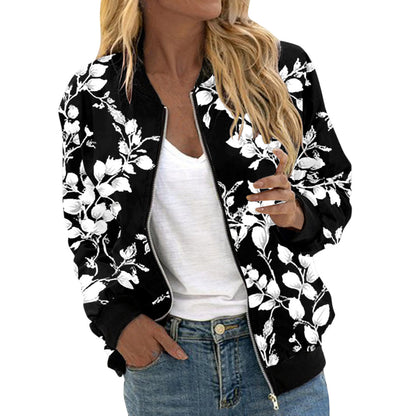 Autumn Bomber Jacket For Women Fashion Flower Print Outwear Stand Collar Zipper Baseball Coat Elegant Slim Basic Ladies Jackets