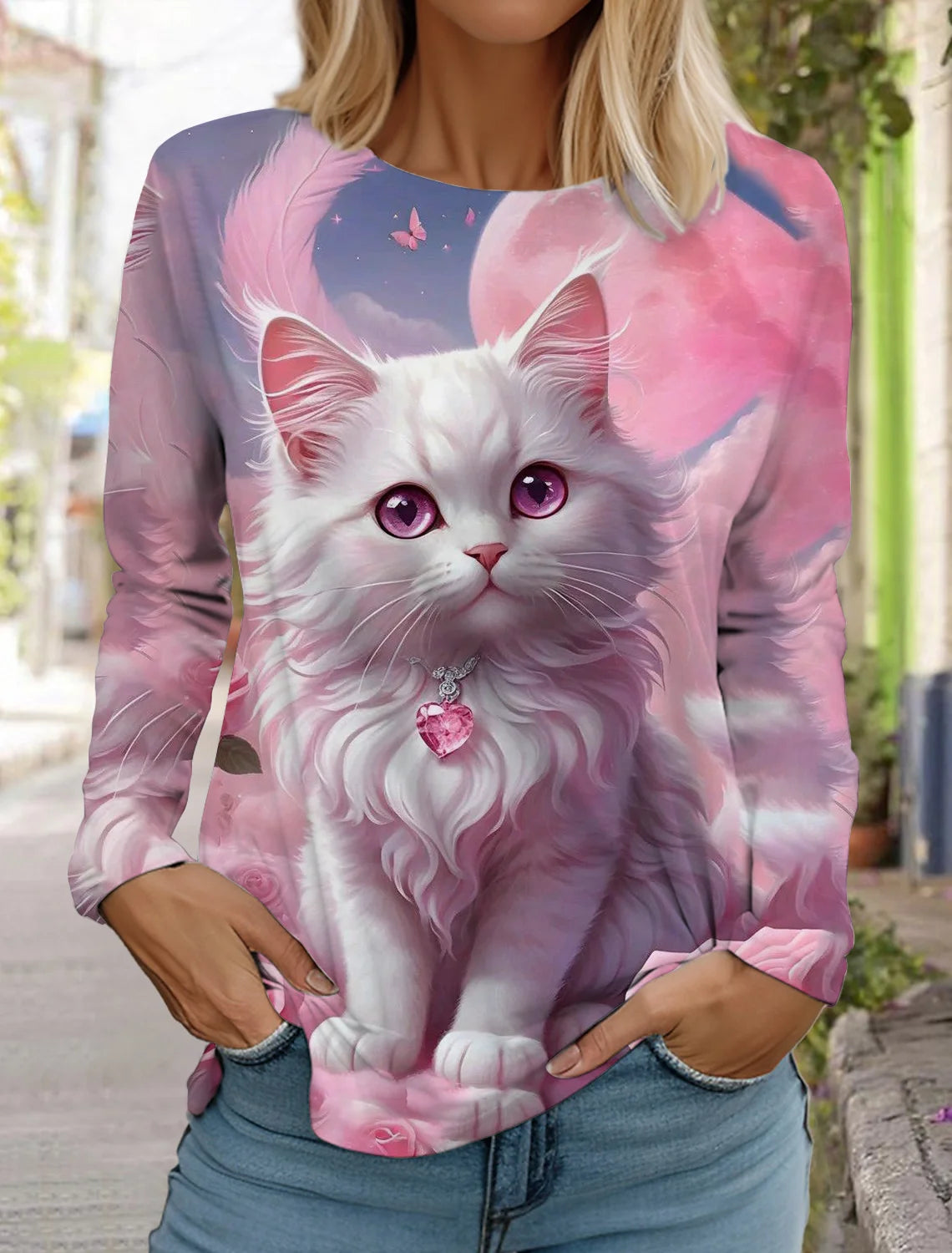 Long Sleeve 3D Printed Kitten Cute Print T-Shirt Women's Streetwear Round Neck Long Sleeve