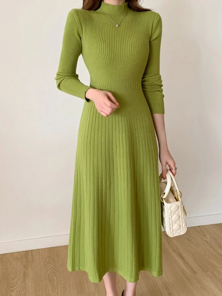 Slim Long Sleeve Party Midi Dress for Women Knitted Half High Collar Elegant Knitted Sweater Dresses Ladies