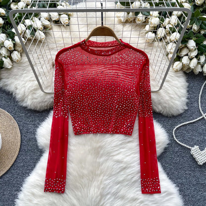 Thin See-tough Long Sve Me T-shirt ort Heavy-du Rhinestone Base irt Korean Sle Creative Pattern