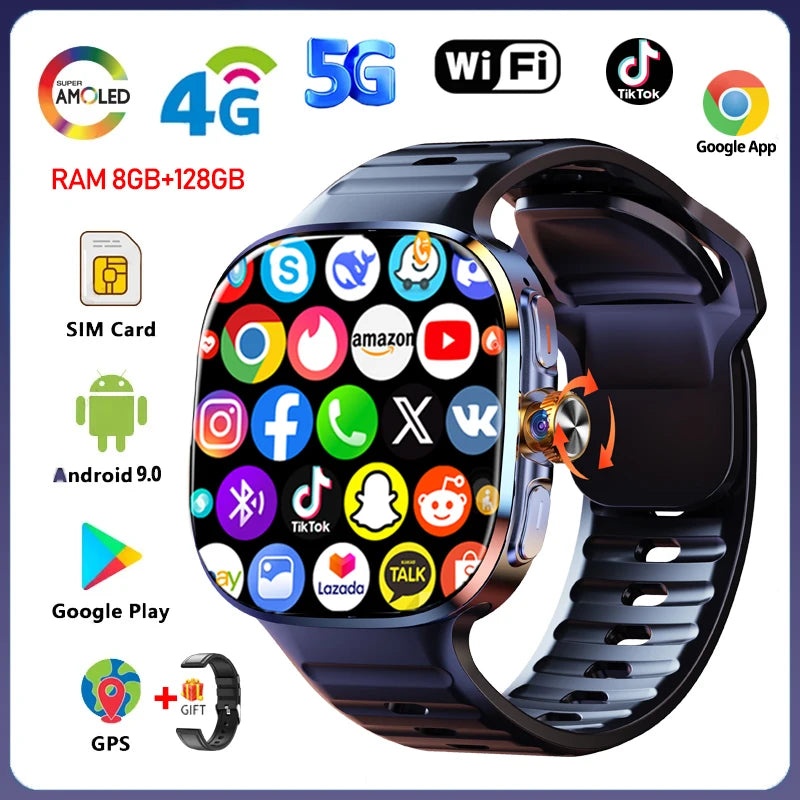 5G/4G All-Network Smart Watch 2.4 inch AMOLED 2100mah Battery 8GB+128GB RAM 1000W Camera GPS WIFI Google APP Download Smartwatch