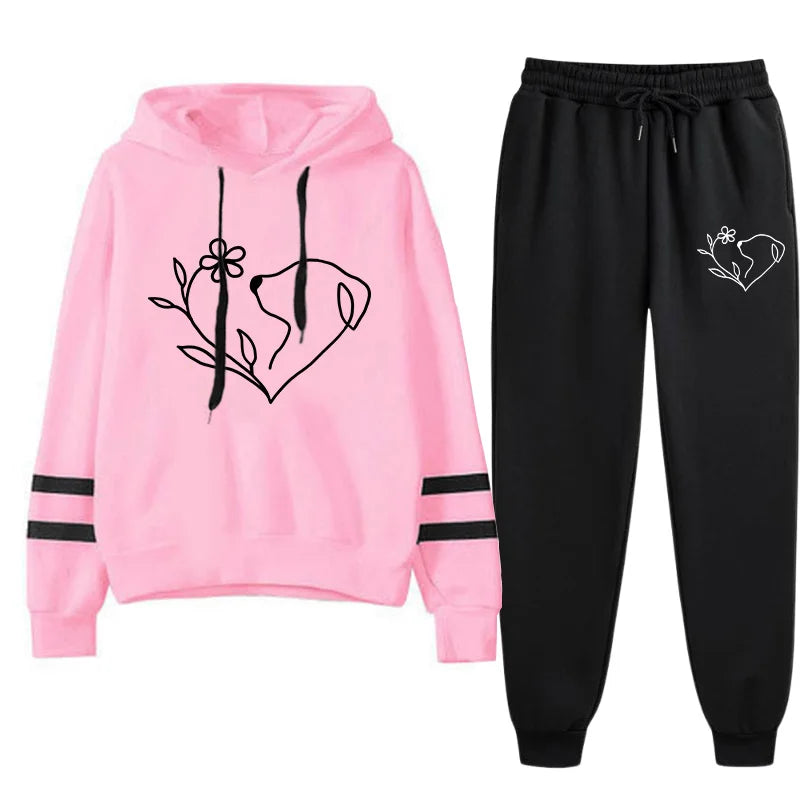 2025 Hot Sale Women's Tracksuit Hooded Sweatshirts Black Sweatpants Urban Casual Fashion Sportswear Cute Pattern Print Hoodies