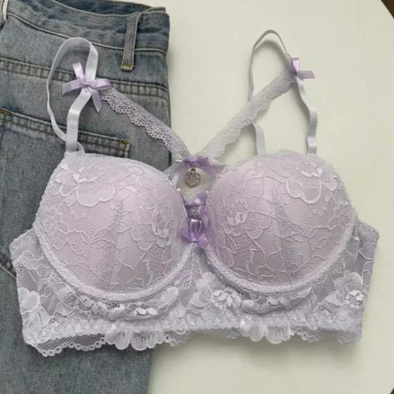 Lingerie Japanese Lace Bra Set, Heart Pendant Purple Lingerie Sexy & Pure Small Chest Push Up Bralette, Fashion Outerwear Design Enhancer