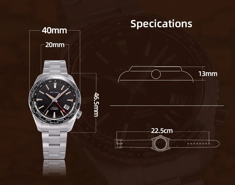 Baltany 2025 New Nh34 Gmt Men's Mechanical Watch 40Mm Sapphire Luminous C3 Stainless Steel Waterproof Sports 20Bar Watches for M