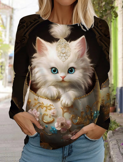 Long Sleeve 3D Printed Kitten Cute Print T-Shirt Women's Streetwear Round Neck Long Sleeve