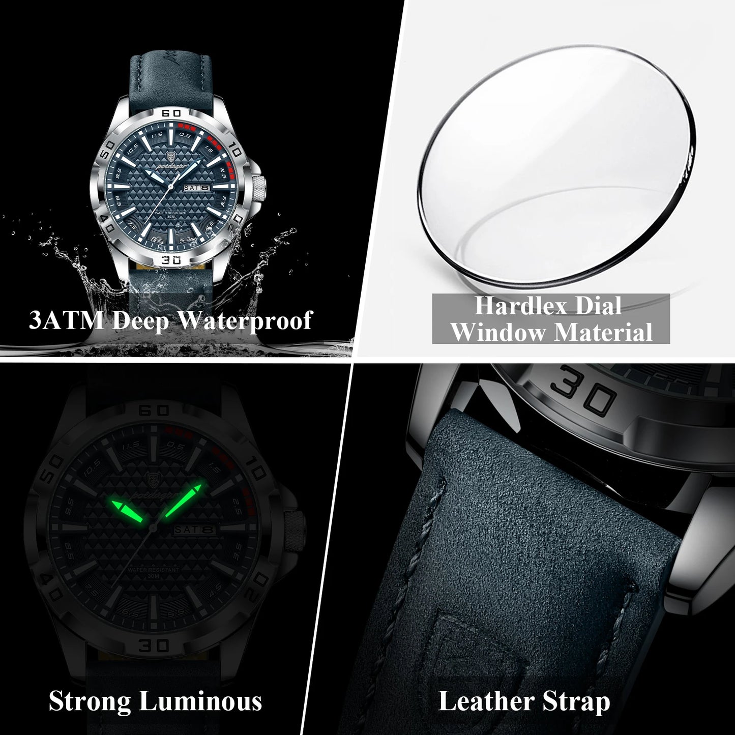 POEDAGAR Original Man Wristwatch Top Luxury Waterproof Luminous Date Week Watch For Men Quartz Sport Leather Men's Watches Reloj