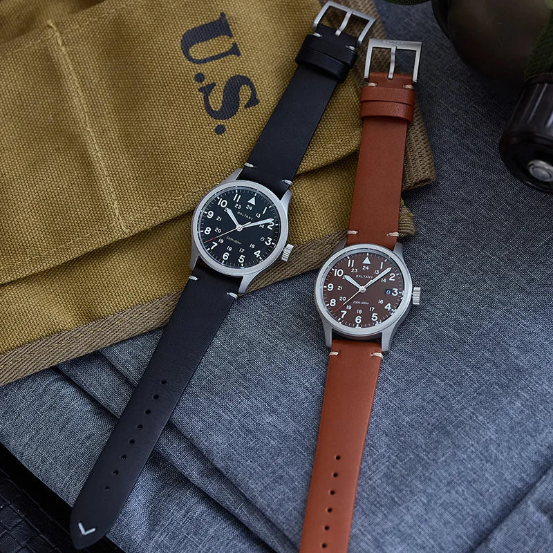 Baltany Men Quartz Field Watch S2082 10-Year Life Battery Luminous Leather Sapphire Stainless Steel Date Retro Military Watches