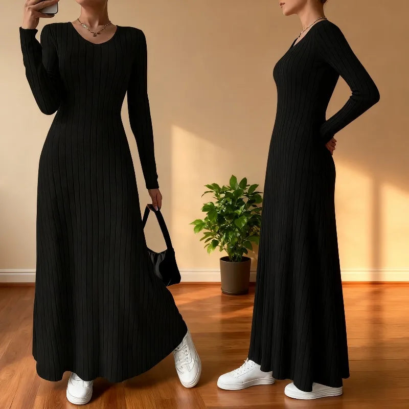 Long Sleeve A- Line Streetwear Dress For Women Smooths And Slims Your Silhouette Solid Color Long Dress
