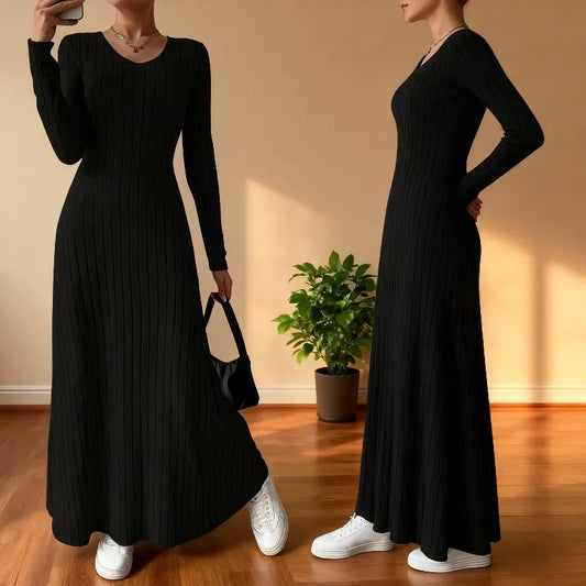 Long Sleeve A- Line Streetwear Dress For Women Smooths And Slims Your Silhouette Solid Color Long Dress