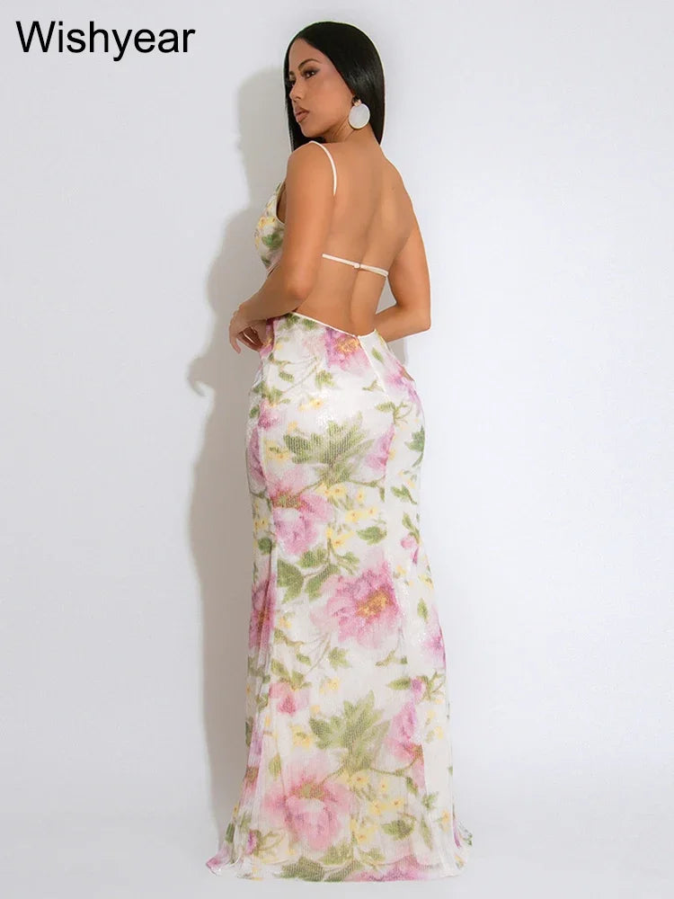 Flower Print Sequins Spaghetti Strap Sleeveless High Slit Long Dress Woman Sexy Vacation Party Birthday Prom Summer Robe