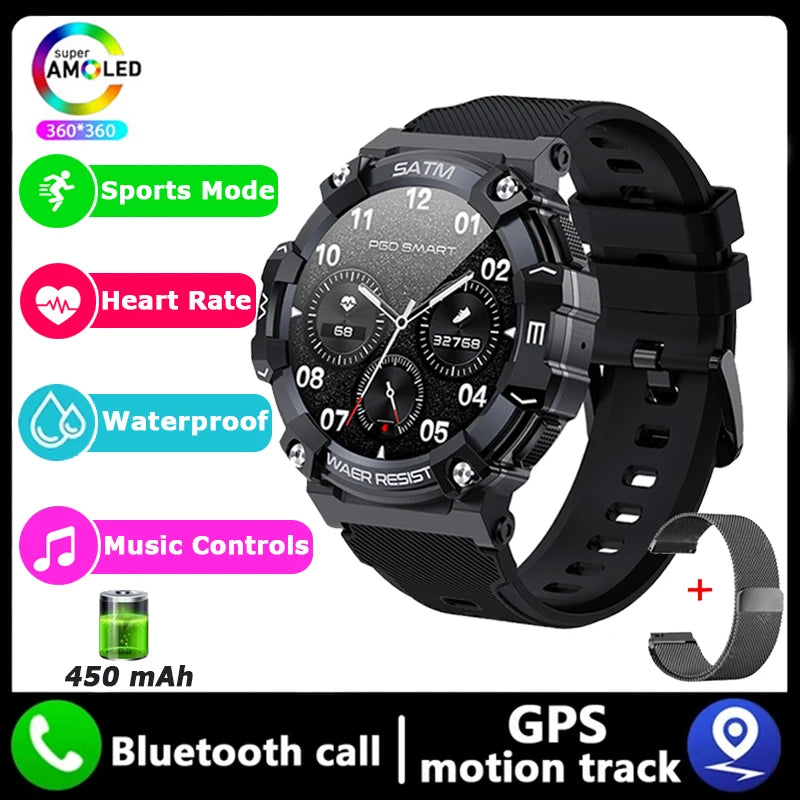 Outdoor Military Smartwatch For Men Health Monitor Bluetooth Call Voice Assistant GPS Sports Waterproof Men Smartwatch 2024