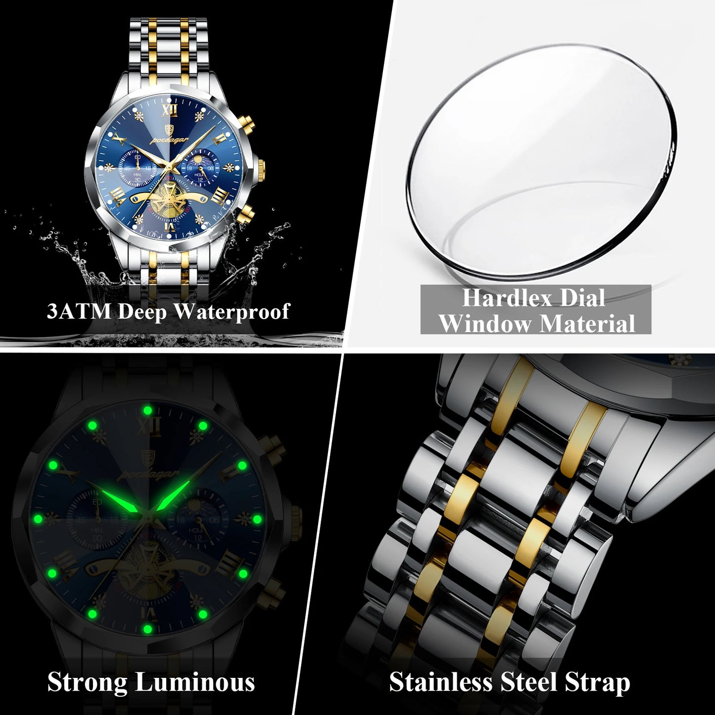 POEDAGAR Luxury Men Watch Top Original Waterproof Luminous Chronograph Man Wristwatch Stainless Steel Quartz Men's Watches Reloj