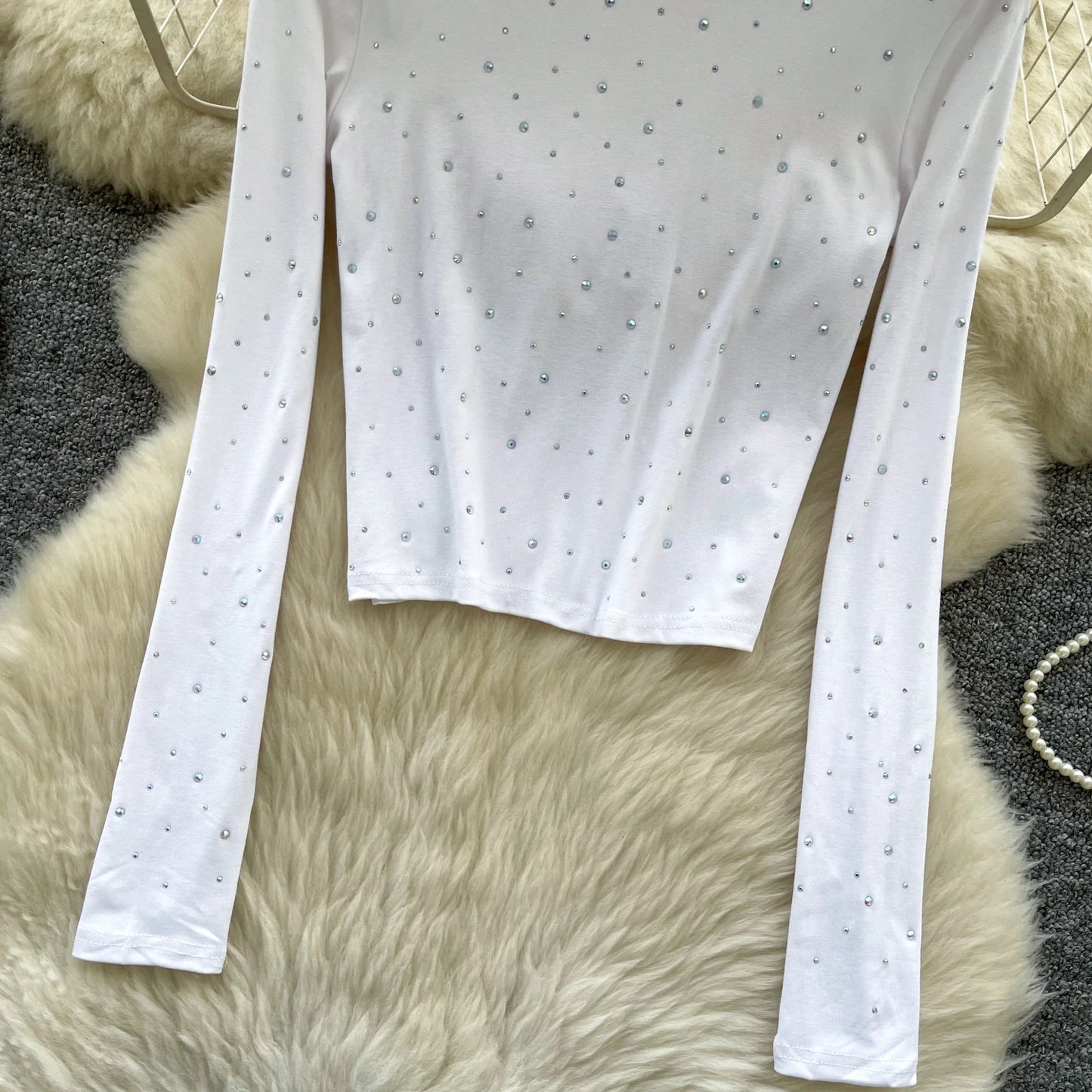 Long Sleeves Hotsweet O-neck Fashion Rhinestone Slim Top French Streetwear Sexy High Street Autumn Winter Women T-Shirts