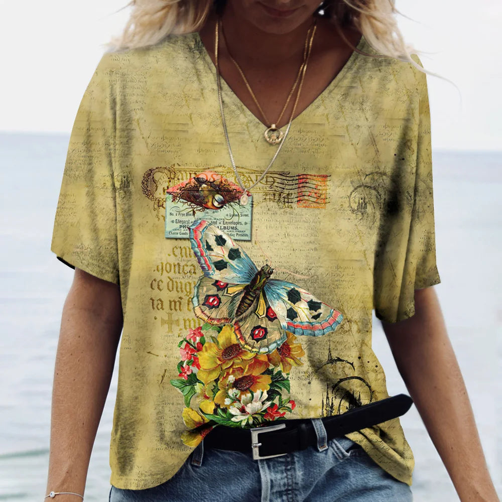 Summer Women's T-Shirt Vintage Casual Fashion V Neck Pullover Short Sleeve Butterfly Print Loose Daily Tops Design Clothing