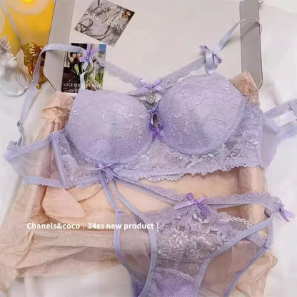 Lingerie Japanese Lace Bra Set, Heart Pendant Purple Lingerie Sexy & Pure Small Chest Push Up Bralette, Fashion Outerwear Design Enhancer