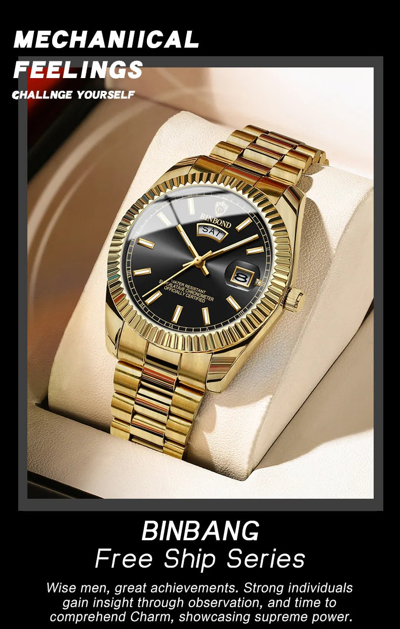 BINBOND Mens Quartz Watch Top Brand Sports Quartz Mens Watches Stainless Steel Waterproof Date Week Wristwatch Men Relogio