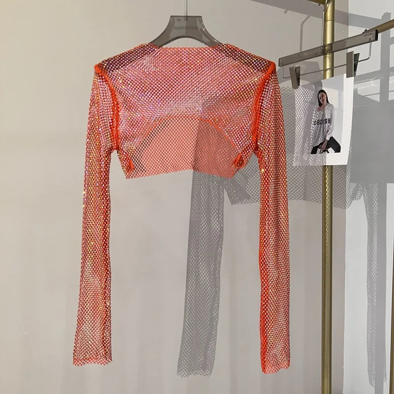 Bright diamond short top Slim thin Ms. hot drill long-sleeved T-shirt sexy leak waist nightclub