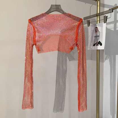 Bright diamond short top Slim thin Ms. hot drill long-sleeved T-shirt sexy leak waist nightclub