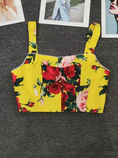 Elegant rose print sexy short tube top suspender top summer new female two-piece high waist pocket button big skirt fashion suit