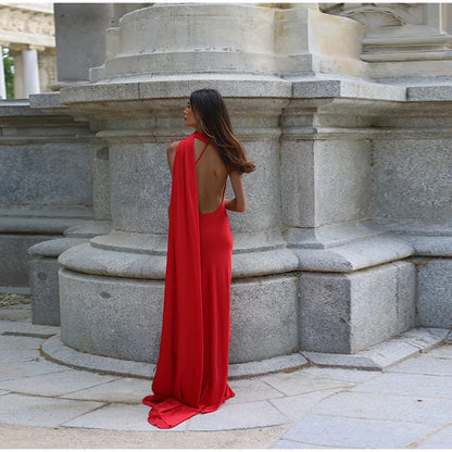 Elegant Ribbon Halter Dress Women Solid Off Shoulder Sleeveless Backless Slim Maxi Dresses 2025 Summer Autumn Party Robes Lady