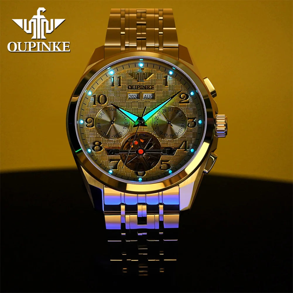 OUPINKE 3263 Mens Watch Luxury Flywheel Automatic Mechanical Watch﻿ 50M Waterproof Luminous Tungsten Steel Brand Watches New