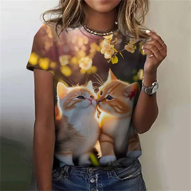 T-shirt 3D Printed Kawaii Cat Pattern Short Sleeved Round neck Top Summer Outdoor Casual Street Simple Clothing