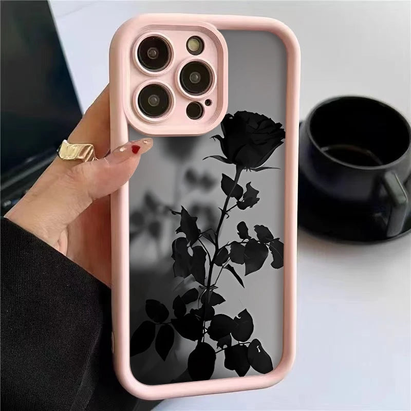 Minimalist Black Rose Pattern Phone Case For iPhone 17 16 15 14 Pro Max 13 12 11 XS X XR 8 Plus 16e 17 Air Shockproof Soft Cover