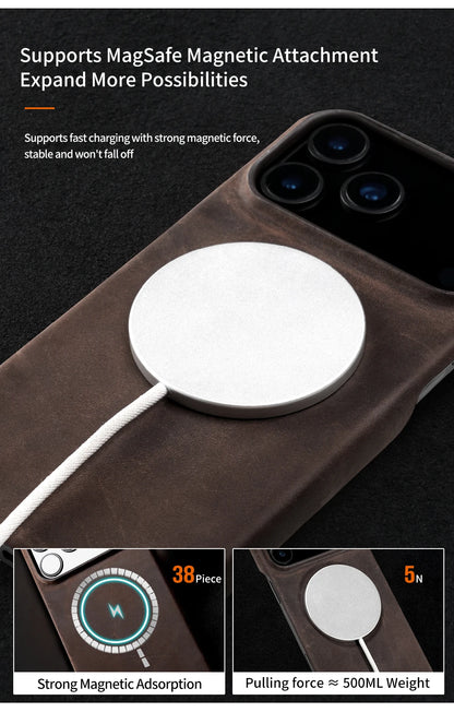 Case for iPhone 15 16 17 Pro Max 17Pro 17 Air 16Pro Retro Luxury Genuine PULL-UP Leather Magnetic Phone Back Cover