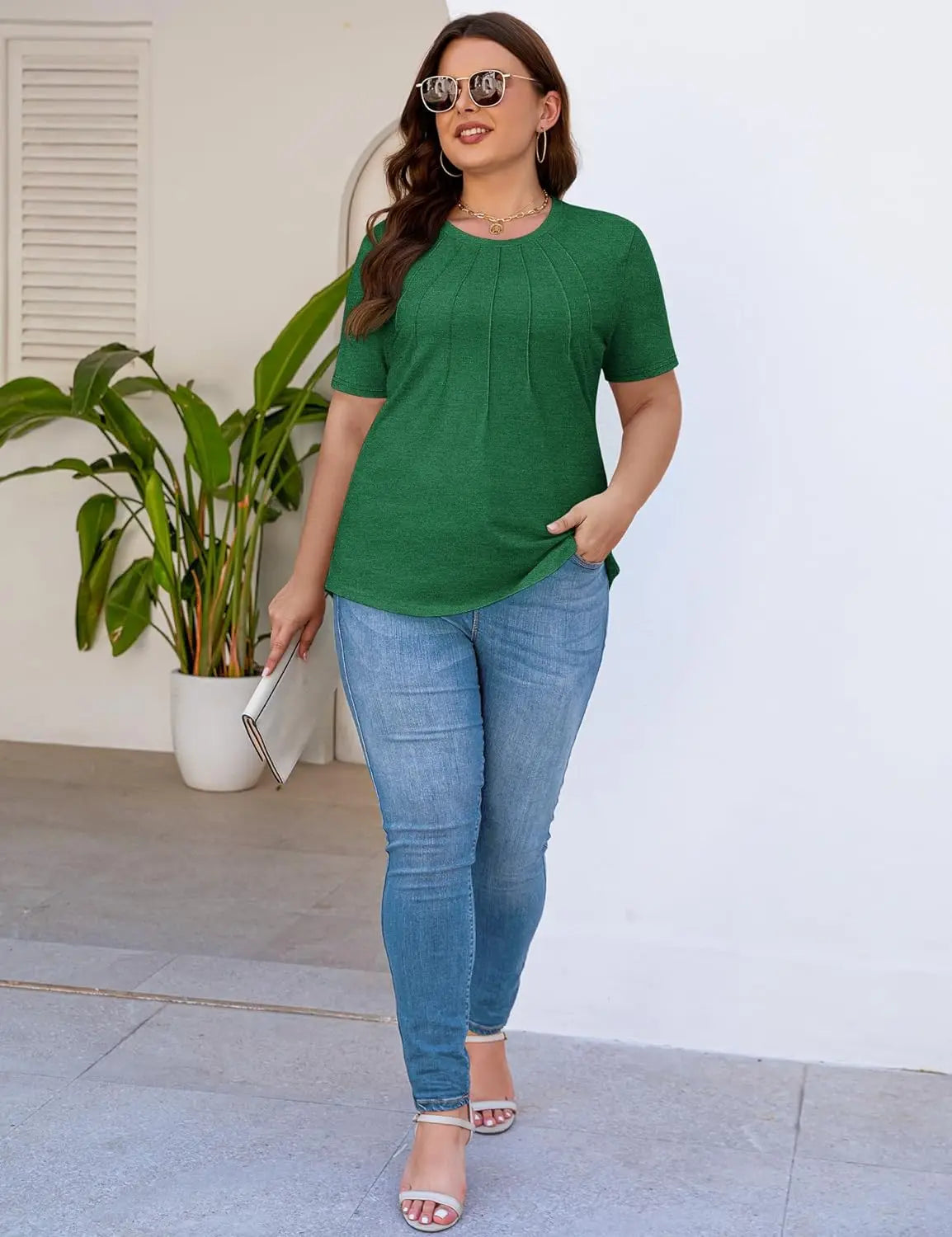 Womens Casual Crew Neck Short Sleeve Pleated Tops Blouses Fashion Clothes