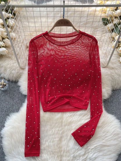 T-shirts Women Cropped Sequins Slim Sheer Solid Spring Summer Sexy Style Cozy Thin O-neck Clubwear European