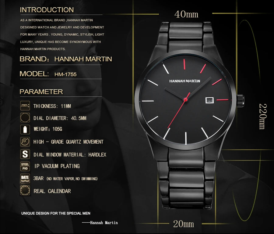 Hannah Martin Men's Stainless Steel Watch Fashion Business Style Black Minimalist Style 3Bar Waterproof Quartz Movement Watches