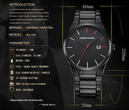 Hannah Martin Men's Stainless Steel Watch Fashion Business Style Black Minimalist Style 3Bar Waterproof Quartz Movement Watches
