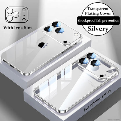 Plating Transparent with Lens Film Case for iPhone 17 Air 17 16 15 14 13 12 11 Pro Max Plus Anti-fall Damping Cover