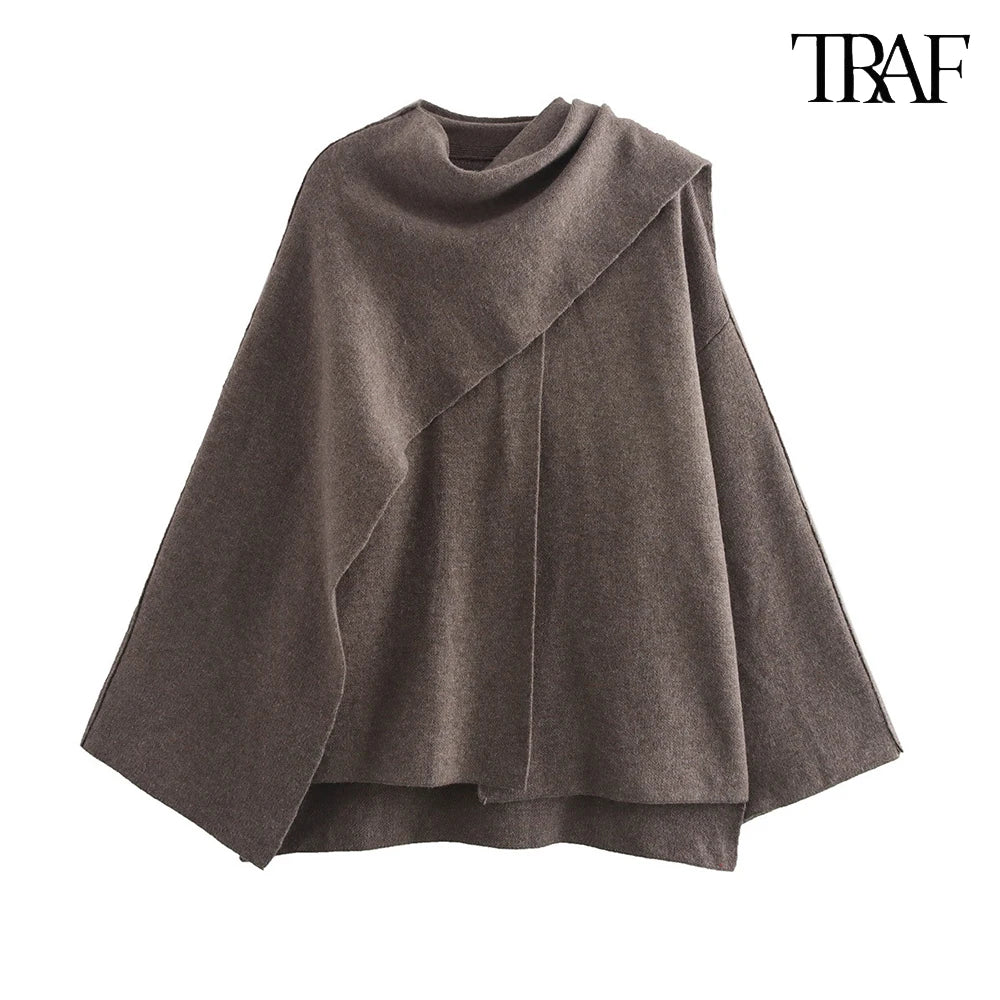 TRAF Women's Fashion Fall and Winter Comfortable Casual Commuter Coat Knitted Loose Warm Coat Asymmetric Elegant Split Jacket