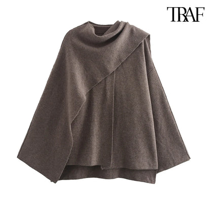 TRAF Women's Fashion Fall and Winter Comfortable Casual Commuter Coat Knitted Loose Warm Coat Asymmetric Elegant Split Jacket