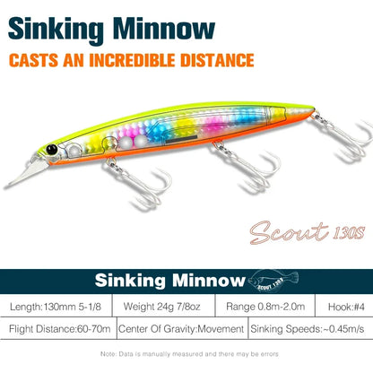 Sinking Minnow Fishing Lure SCOUT 130mm 24g Long Casting Seabass Flounder Artificial Large Sea Fishing Hard Baits