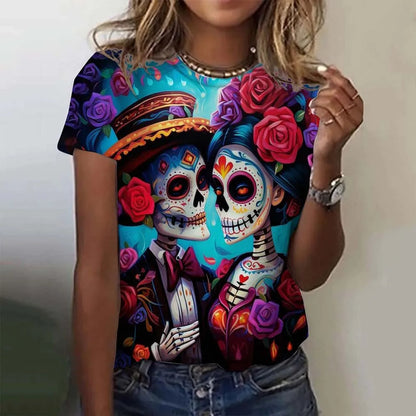 T-shirt for Girls Summer Short Sleeve Casual Sexy Girls Clothes Horror Undead Skull Pattern oversized T-shirts