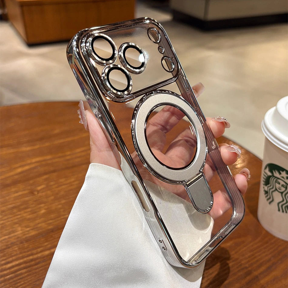 Iphone 17 Air Case Plating Magsafe Magnetic Bracket Case for iPhone 17 16 Pro 13 12 Max 15 14 16 Plus 17PRO Transparent Cove