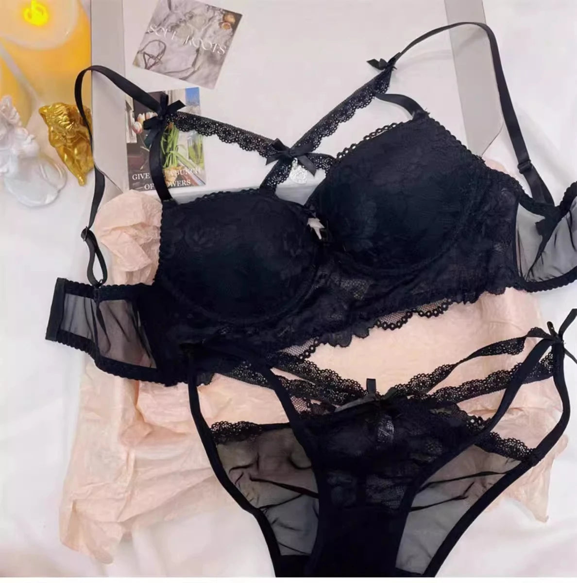 Lingerie Japanese Lace Bra Set, Heart Pendant Purple Lingerie Sexy & Pure Small Chest Push Up Bralette, Fashion Outerwear Design Enhancer