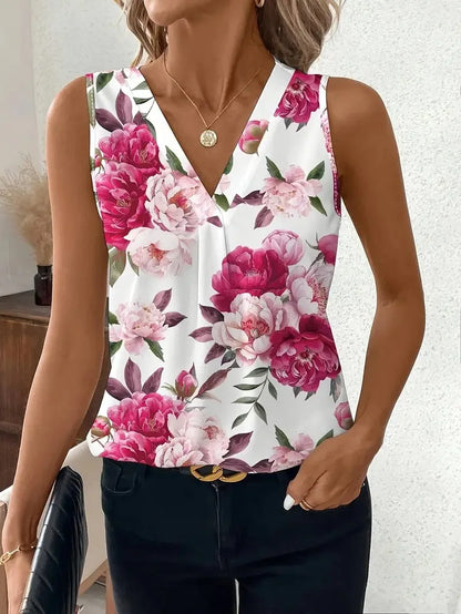 V-neck Vest New Fashion Plant Printed Sleeveless Top Pullover Simple Basic T-shirt