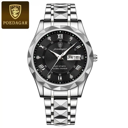 POEDAGAR Business Luxury Men's Watches Waterproof Stainless Steel Luminous Man Wristwatch Date Week Sport Men Quartz Watch Reloj