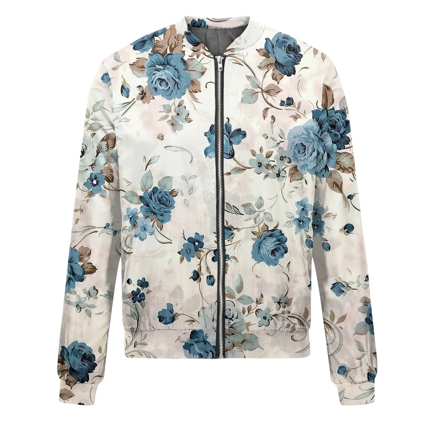 Women Elegant Zipper Bomber Jackets Spring Autumn Floral Printed Jackets Casual Coat Retro Outwear  Round Neck Zipper Jackets