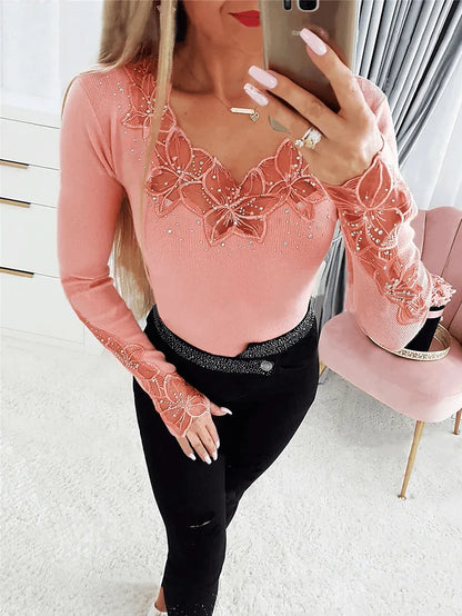 Women's T-Shirt Clothes New Solid Color Collar and Cuffs Splicing Lace Lace Rhinestone Long-sleeved T-shirt Tops Female
