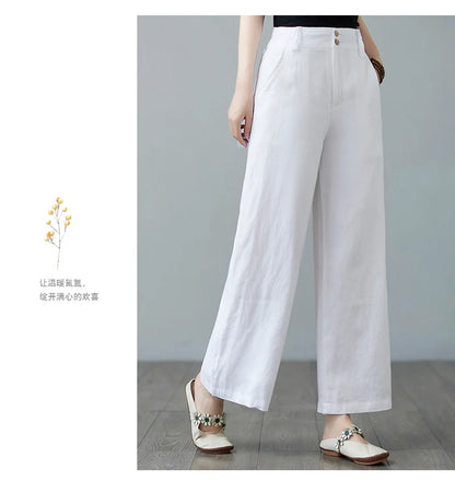 High Waist Wide Leg Cotton Linen Workwear Pants Women Loose Casual Straight Long Trousers Summer Faion plus Size All Match