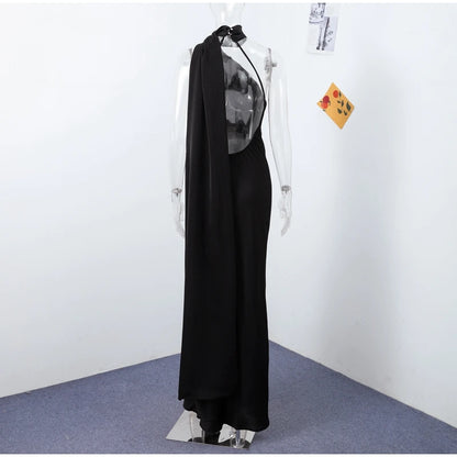 Elegant Ribbon Halter Dress Women Solid Off Shoulder Sleeveless Backless Slim Maxi Dresses 2025 Summer Autumn Party Robes Lady