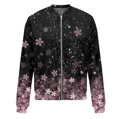 Women Elegant Zipper Bomber Jackets Spring Autumn Floral Printed Jackets Casual Coat Retro Outwear  Round Neck Zipper Jackets